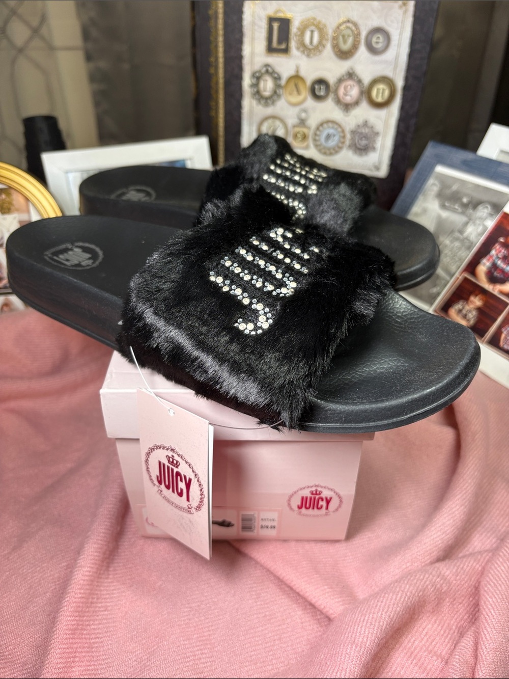 Juicy by Juicy Couture Black Faux Fur Slide Sandals New in Box W8.5
